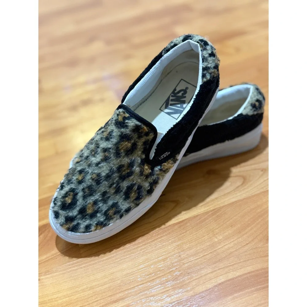 Vans Slip-On Leopard Cheetah Faux Fur Sneakers Womens 7.5‎ Mens 6 Sanitized